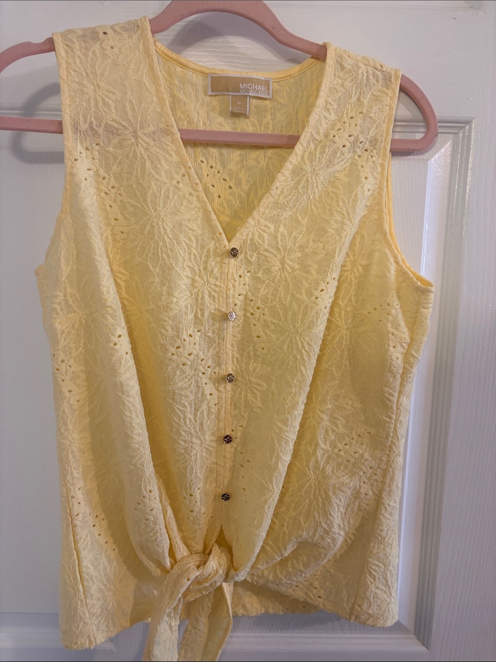 Michael Kors Coastal Grandma Beachy Pale Yellow Eyelet Tie-Front Camisole